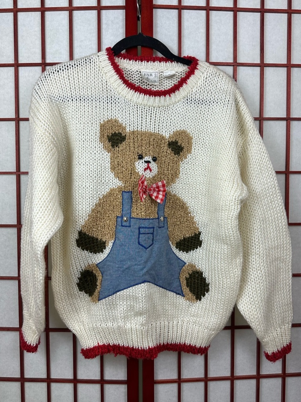 Vintage Teddy Bear 3D Cream and Red Hand Knit Pull Over Funky Sweater
